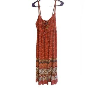 Angie Orange and Brown Floral Maxi Dress with Adjustable Straps Size Large